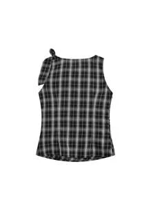 Korean Style INS Tie Shoulder Bowknot Design Breathable Plaid Sleeveless Cropped Top (Stripe Or Plaid Random)
