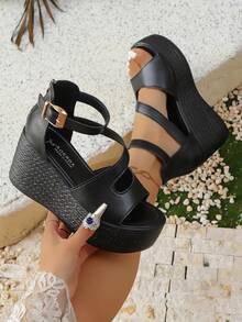 女式加大码厚底坡跟厚底凉鞋，纯色粗跟增高夏季露趾凉鞋，大码