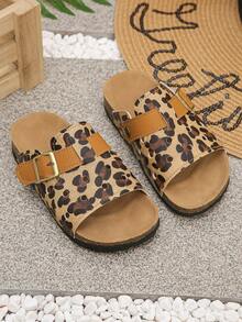 1 Pair Kids Leopard Print PU Leather Strap & Perforated Design Non-Slip Durable Flat Sandals, Suitable For Girls To Pair With Jeans & Dresses In Summer, Also As A Gift
