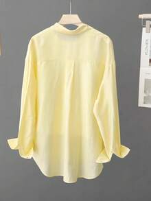 1pc Polyester Solid Button Front Short Back Long Pocket Casual Loose Lightweight Long Sleeve Shirt Jacket For Women, Casual, Suitable For Spring And Summer - Yellow - View 2