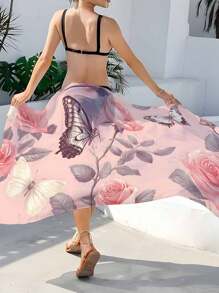 1pc Butterfly & Flower Print Beach Shawl, Decorative Beach Wrap, Swimsuit Cover Up, Semi-Transparent Elegant Multifunctional Beach Dress, Chiffon Material, For Beach Shirt