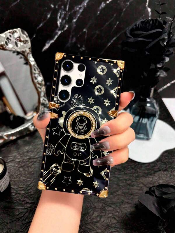 1 Peça Capa de Telefone Celular de Moda com Decoração de Pedrinhas em Padrão de Astronauta Preto, Compatível com Apple 16 Pro Max/15 Plus, Galaxy S24+/S24 Ultra 5G/S24FE/A55 5G/Note20 Ultra/Note10+, Redmi Note 13 Pro 5G, OPPO A38, Realme C63, Vivo Y36, Infinix Smart8, Spark 20, GO 2024, HOT 40i