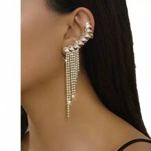 1 Par de Pendientes Colgantes de Flecos con Rhinestones Geométricos Exagerados de Moda