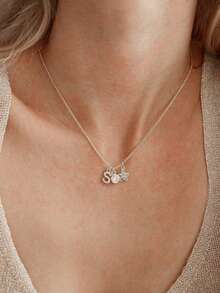 1pc Personalized Customized Flower Initial Birthstone Necklace With Birthflower, Premium Matte Charm Pendent Necklace Gold, Stainless Steel Letter Necklace Birthflower Necklace, Custom Summer Jewelry, Mother's Day Gift Christmas Gifts - Pressed Sand Silver - View 3