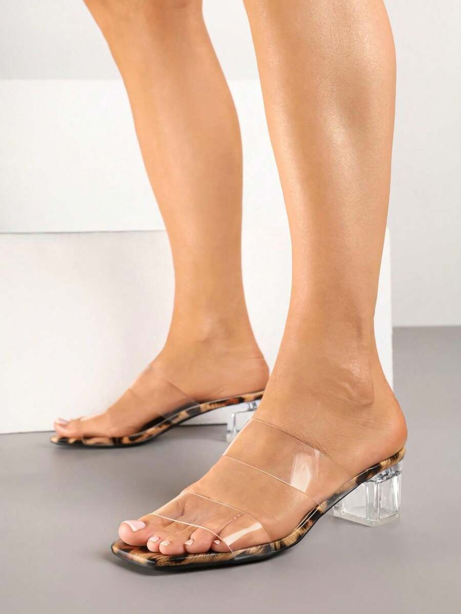 Transparent Block Heel Flip-Flops With Square Toe - Brown - View 1
