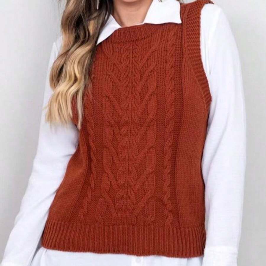 Women's Knitted Vest Braids Sweater Winter Elegant Women Fashion Tank Top Max Vest Simple Casual Knitted Cable Stitch - 鏽 - 查看 1