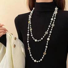 Hollow Rose Glass Pearl Long Multi-Layer Necklace, Versatile For Wearing With Sweaters, Casual Daily Wear, Gift For Friends, Western Jewelry, Ball Gowns, Accessories, Autumn/Winter New - Hollow Camellia Pearl Necklace - View 2