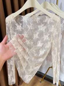 Damen Spitzen-Tank Top mit Rundhalsausschnitt, modische Layering-Bluse aus transparentem Netzmaterial, geeignet für Herbst/Winter