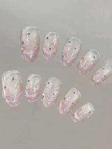 10 件/套渐变猫眼椭圆形流苏星形指甲贴，可爱粉色和紫色，手工制作可重复使用的按压式指甲，适合日常生活和节日，送给她的礼物美甲用品 - 粉色 - 查看 2