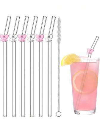 6 st återanvändbara sugrör i glas med rosa rosett, dekorationer till möhippa och brud, sugrörset + rengöringsborste, tillbehör till sommarmuggar