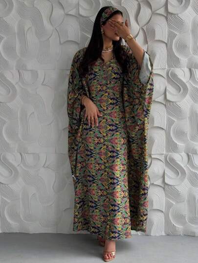 Vestido árabe tradicional leve de chiffon com estampa retrô e manga larga, 1 peça, jalabiya do Oriente Médio, modesto