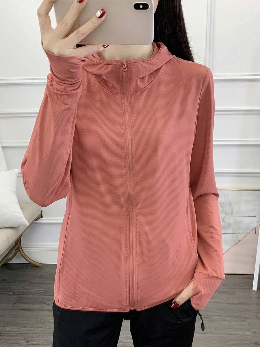Summer Workout 1pc Women's Ultra-Thin Sun Protection Clothing, Long Sleeve UV Protection Skin Coat, Breathable New Outdoor Sports Jacket Spring - Coral Pink - View 1