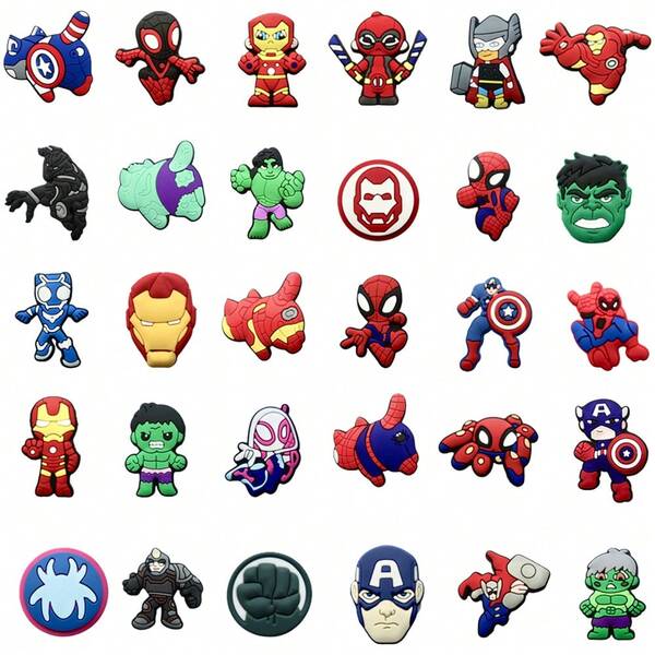 Set de 20 piezas/30 piezas de decoraciones tipo charms de la serie Héroes de , decoraciones de PVC para zapatos, bolsas de playa, accesorios para zapatos, idea de regalo para cumpleaños, Navidad, San Valentín, fiesta de Halloween