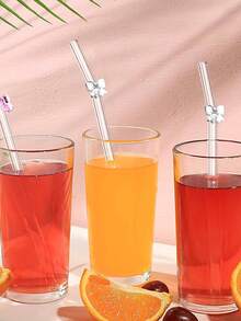 6Pcs Reusable Glass Straws With Pink Bow Charm, Ins- Bachelorette Bridal Party Decor, Drinking Straws Set + Cleaning Brush, Summer Cup Accessories - Multicolor - View 5