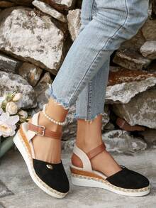 Women's Plus Size Closed Toe Chunky Platform Back Strap Black Sandals, New Summer Splice Color Elastic Band Rope Bottom Roman Style Sandals - Black - View 4