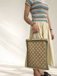 Thickened Bamboo Handle Embroidered Large Capacity Tote Bag, Textured, Fashion Commuter Bag For Daily Use, Perfect Gift - Green - View 1