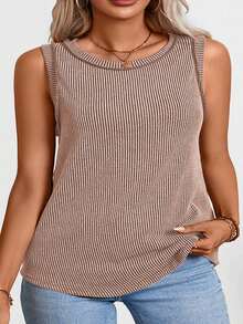 Plus Size Women's Round Neck Ribbed Top Casual Vacation Summer - Khaki - View 3