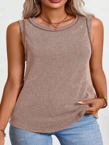 Plus Size Women's Round Neck Ribbed Vest Top Casual Vacation Summer