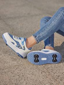 1 Pair Entry-Level Girls Roller Skates, Convertible 2-In-1 Wheeled Sports Shoes With Removable Wheels - Blue and White - View 6