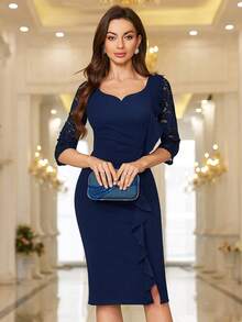 MIUSOL Đầm ôm body dự tiệc cocktail cổ tim ren hoa tương phản cổ điển, tay áo 3/4, viền bèo nhún, đầm bút chì, đầm công sở, đầm mặc đi làm - Màu xanh hải quân - Xem 3