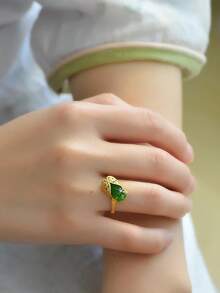 1pc Vintage Palace Style Gilded Jade Agate Cicada Finger Ring, Handmade Adjustable Ring Suitable For Women Everyday Wear, Festivals, Parties, Girlfriend Gift - Green - View 5