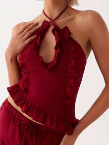 Women Ruffle Frill Halter Tops Sexy Cutout Backless Cami Tanks Asymmetrical Hem Y2K Slim Fit Cute Going Out Top - Màu Đỏ Sâu - Xem 4