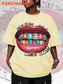 Y2k Men Street Outdoor Lifestyle Hip-Hop Style Short Sleeved Round Neck Casual Pure Cotton T-Shirt, Colorful Mouth Diamond Interesting Pattern Print, 100% Cotton 180g, Comfortable And Breathable Summer Outfit, Surprise Gift For Family. - Beige - View 1
