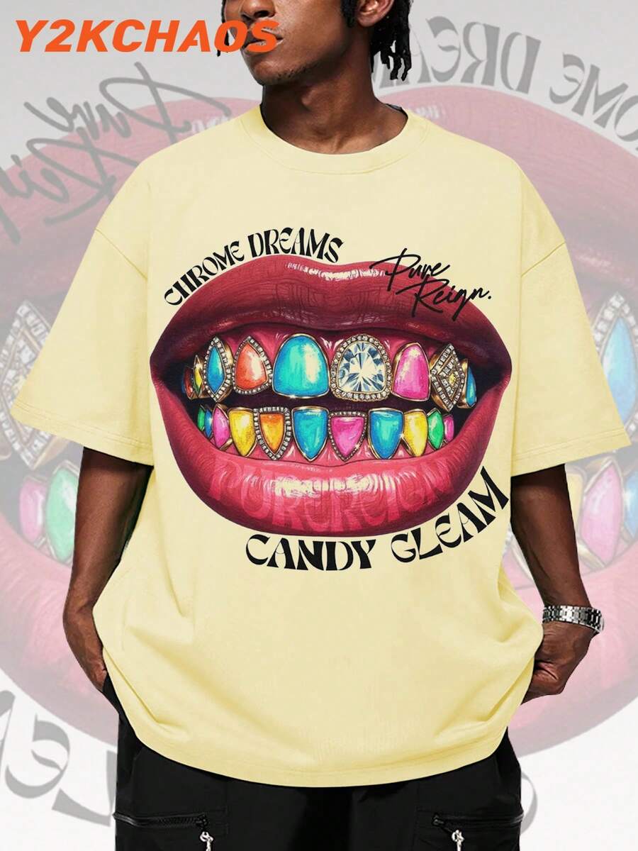 Y2k Men Street Outdoor Lifestyle Hip-Hop Style Short Sleeved Round Neck Casual Pure Cotton T-Shirt, Colorful Mouth Diamond Interesting Pattern Print, 100% Cotton 180g, Comfortable And Breathable Summer Outfit, Surprise Gift For Family. - Beige - View 1