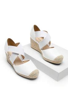 Womens's Wedges Sandals Close Toe Espadrilles Platform Slip On Elastic Cross Straps Dressy Wedges Sandals White Sandals Matching Dress - 白色 - 查看 5