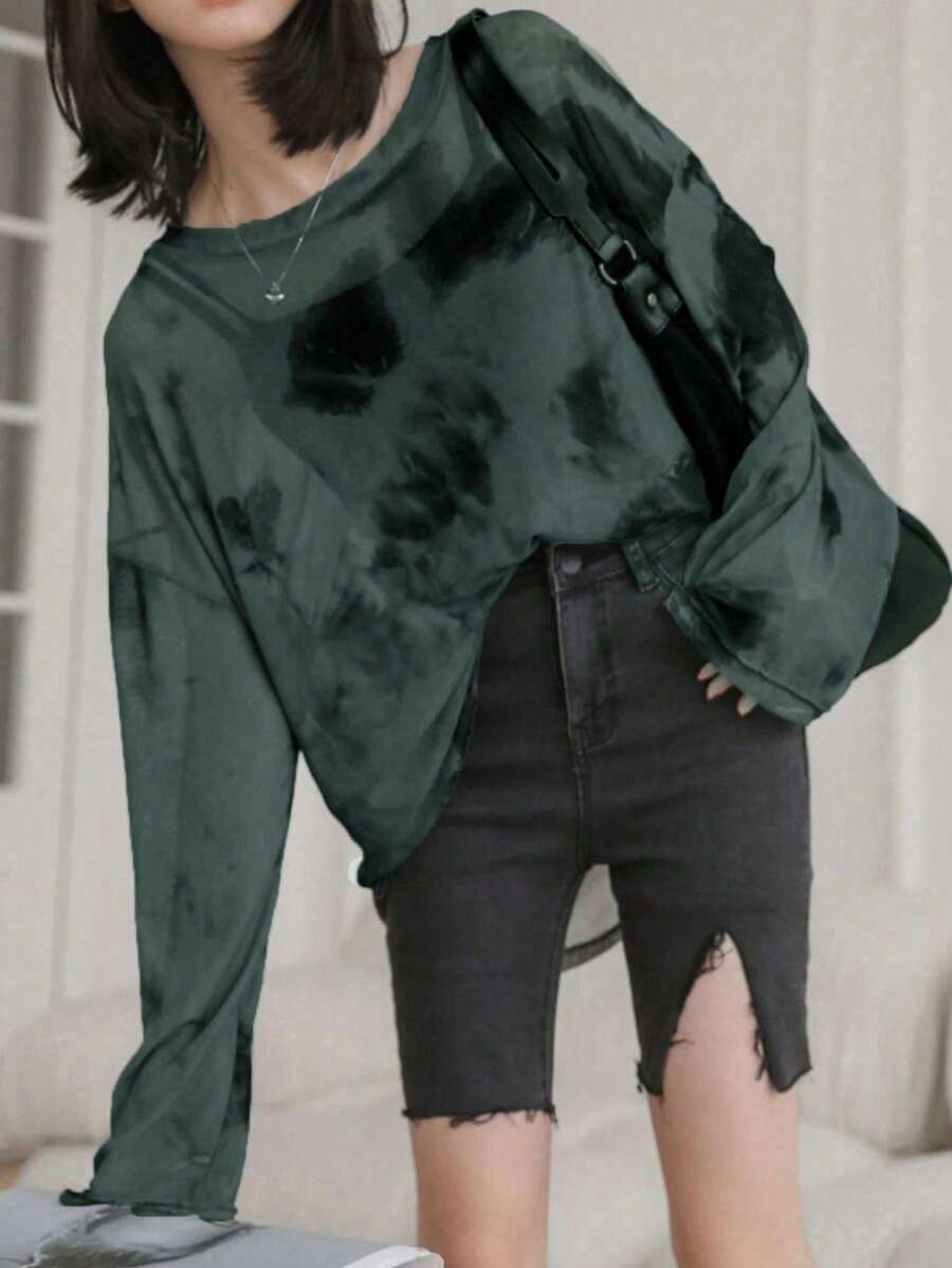 休闲扎染印花薄纱宽松落肩上衣，春夏款 - 墨綠色 - 查看 1