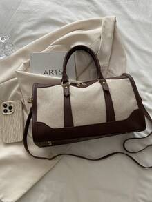 1pc Canvas Contrast Color Patchwork Fashion Duffle Bag,UnisexTravel Luggage,SuitableForOvernightS Tay, Commuting,Short-Distance Travel(Small Size Fo R Commuting,Large Size For Short-Trip) Back To School Supplies Bag For School School Accessories School Stuff - Coffee Brown - View 3