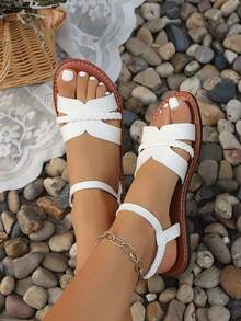 New Woven Slip-On Flat Sandals, Versatile Open Toe Flat Roman Sandals, White Flat Sandals