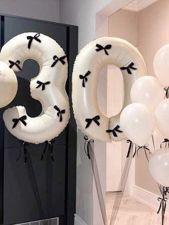 7pcs/Set 40-Inch Cream Number Balloons With Black Bow, 0-9 Number Shaped Balloons Suitable For Birthday Parties, Anniversary Decorations