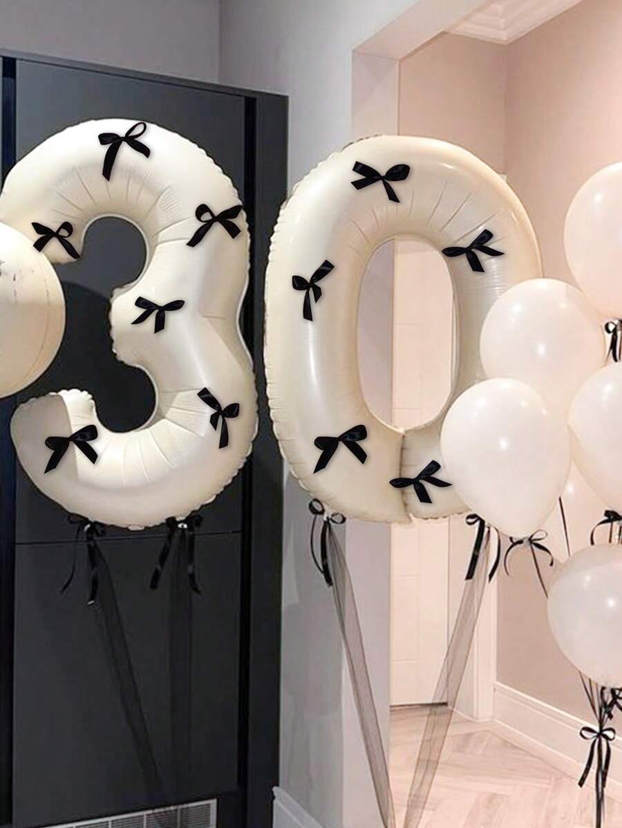 Set da 7 palloncini forma numeri da 40 pollici di colore crema con fiocco nero, palloncini a forma di numeri da 0 a 9, adatti per feste di compleanno, decorazioni per anniversari