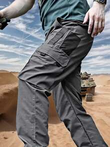 Men's Solid & Camo Print Pockets Zipper Waterproof Tactical Cargo Pants Without Belt, Regular Fit Sporty Pockets Durability Trousers For Fall, Wear-Resistant Outdoor Training Pant For Men - 灰色 - 查看 2