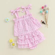 Newborn Baby Girls Summer 2pcs Outfit Plaid Tie Shoulder Sleeveless Ruffle Camisole Crop Top + Elastic Waist Shorts Set - Hồng - Xem 5