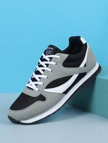 男士复古平底圆头系带字母图案休闲鞋，透气大码情侣鞋，柔软防滑鞋底，四季皆宜，舒适训练平底学生鞋，防滑鞋底，透气柔软网布和绒面革 - 彩色 - 查看 2