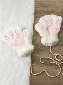 1 Pair Cute Cat Paw Fingerless Gloves, Plush Half-Finger Gloves, Warm & Cold-Resistant, Suitable For Girls Daily Use In Winter (With Rope) - Multicolor - View 22