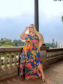 Long Winter Dress In Printed Viscose With Thin Straps, Lining And Slit – Sophisticated Casual Style (Alice) - Blue - View 4