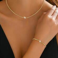 Personalized Minimalist Niche Stainless Steel Gold Plated Single Diamond Bracelet & Necklace Set - Set - View 4