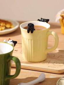 DearDali 1pc 300ml Hand-Painted Embossed Cat Ceramic Coffee Mug, Cute For Women, For Microwave, Ideal For Coffee Lovers, Creative Birthday/Wedding Gift - Green - View 8