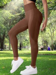 Seamless High Waisted Women's Hip Lifting Outdoor Fitness Leggings, Sports Yoga Leggings, High Elasticity Solid Color - Coffee Brown - View 4