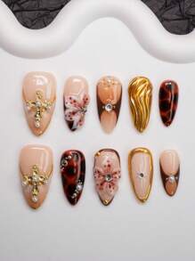 Spring/Summer Handmade Almond-Shaped Y2K Baddie Style Nail Tips, Brown, Nude, Gold Color, With Handcrafted Floral, Cross, Rhinestone, Pearl, Leopard Print Design, Suit For Women & Girls, Shiny, 10pcs/Pack 3 Sizes, Suitable For Party, Ball, Daily Wear, Includes Tool Kit, Can Be A Gift For Ladies.