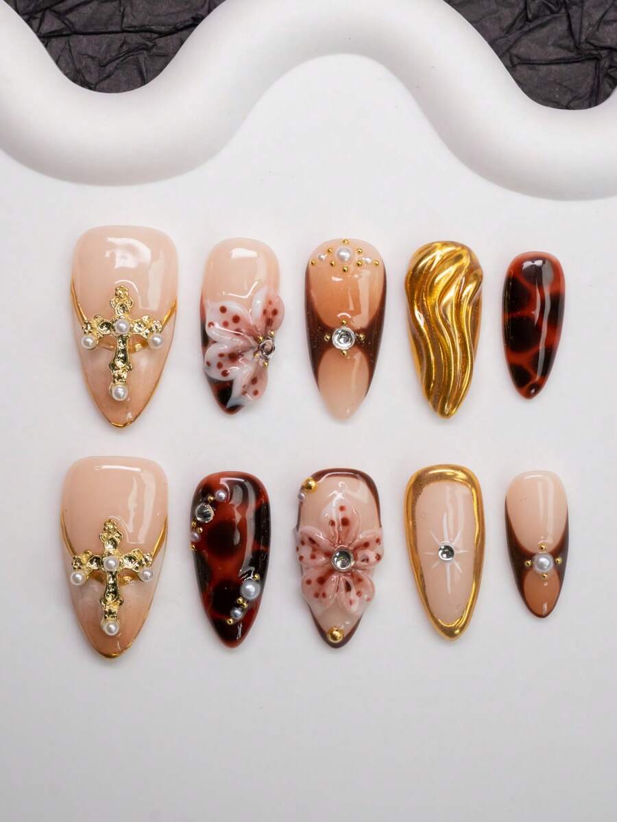 Đầu móng tay giả phong cách Baddie Y2K hình quả hạnh nhân thủ công mùa xuân/hè, màu nâu, màu nude, màu vàng, với thiết kế họa tiết hoa, chữ thập, đá giả, ngọc trai, da báo thủ công, phù hợp cho phụ nữ và trẻ em gái, sáng bóng, 10 chiếc/gói 3 kích cỡ, thích hợp cho tiệc tùng, khiêu vũ, mặc hàng ngày, bao gồm bộ dụng cụ, có thể làm quà tặng cho phụ nữ. Móng tay giả Phụ kiện làm móng - Nhiều màu - Xem 1