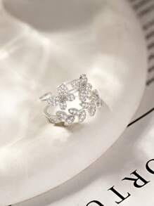 1pc Elegant And Delicate White Gold Plated Ladies Ring.Unique Design With Double Opening,Rhinestone Butterfly And Leaf Ring,Personalized Fashion Spring Jewelry.Suitable For Daily Wear,Vacation,Wedding,Gift,Party.Valentine's Day Gift For Girlfriend,Mom,Friends.