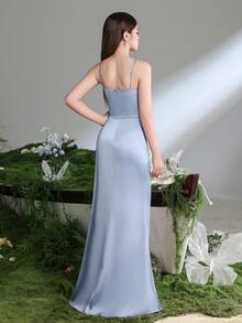 少女优雅晚礼服，细肩带和高开衩 - 褶皱美人鱼轮廓礼服