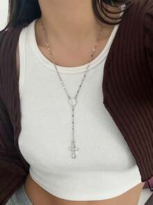 1pc Premium Fashion Elongated Chain Exquisite Cross Pendant Necklace, Silver Color, Versatile For Any Occasion, Perfect Holiday Gift - Silver - View 5