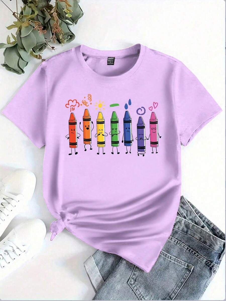 PLAYERA DAMA CUELLO REDONDO MANGA CORTA FRESCA Y COMODA PARA GYM CASUAL CON DISEÑOS LAPICES COLORES - Lila Púrpura - Ver 1