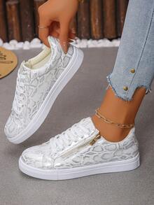 Zapatos deportivos casuales de mujer en color plata, diseño clásico con cordones y cremallera lateral, atuendo exterior sencillo, zapatos casuales cómodos (corren un tamaño talla grande pequeño)