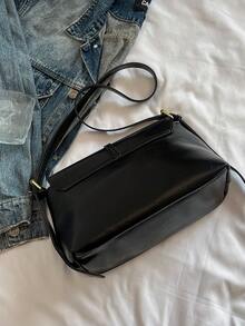 时尚休闲纯色方形翻盖挎包（不含配件），适合大学/学院课堂、通勤、工作、办公室、节日、假日、聚会、旅行，专为女性设计 - 适合职业女性、白领、青少年、大学生和年轻女孩 - 黑色 - 查看 6